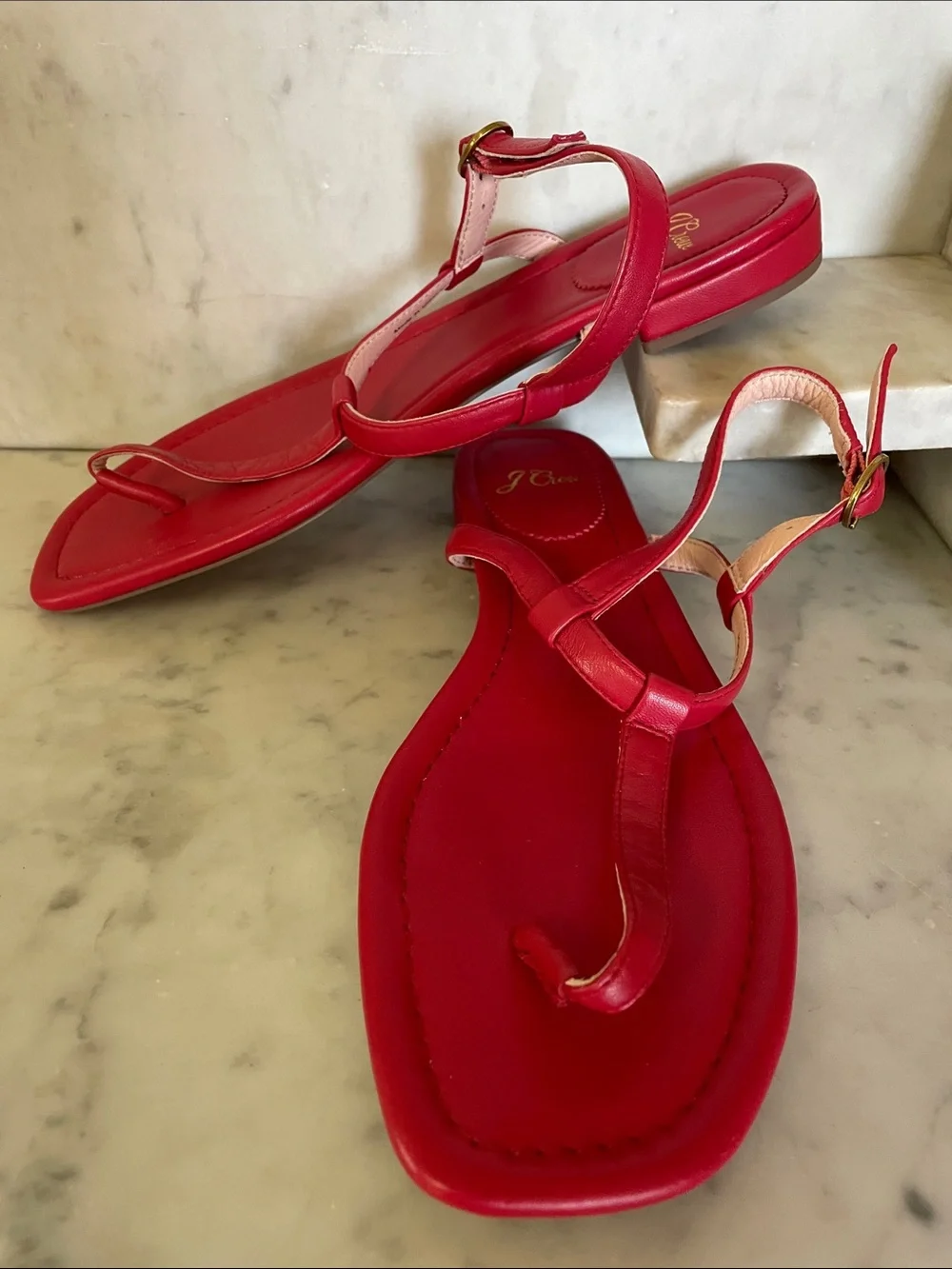 J. CREW Abbie Vintage Neon Poppy Red Leather T-Strap Sandals Gold Buckle 8.5